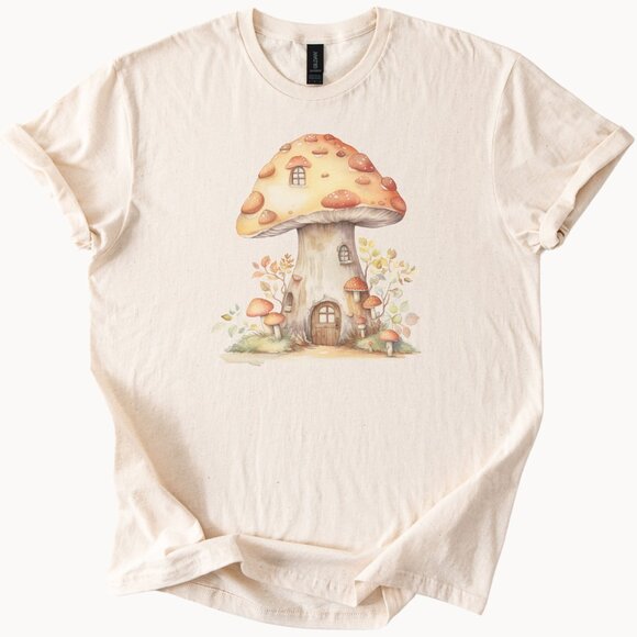 Whimsical Mushroom House Shirt Cottagecore Toadstool Fairy Graphic Tee - Picture 1 of 6